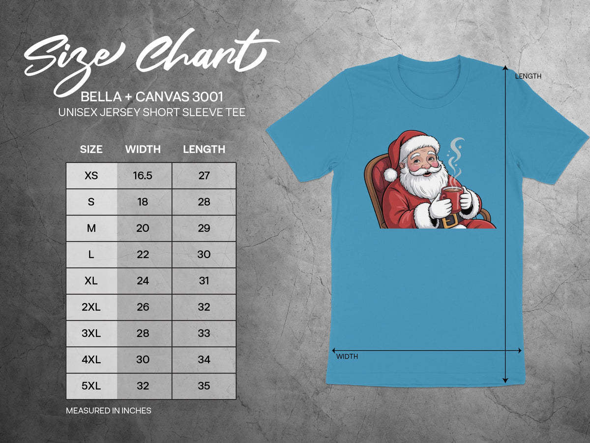 Bella + Canvas 3001 unisex tee size chart with measurements in inches.