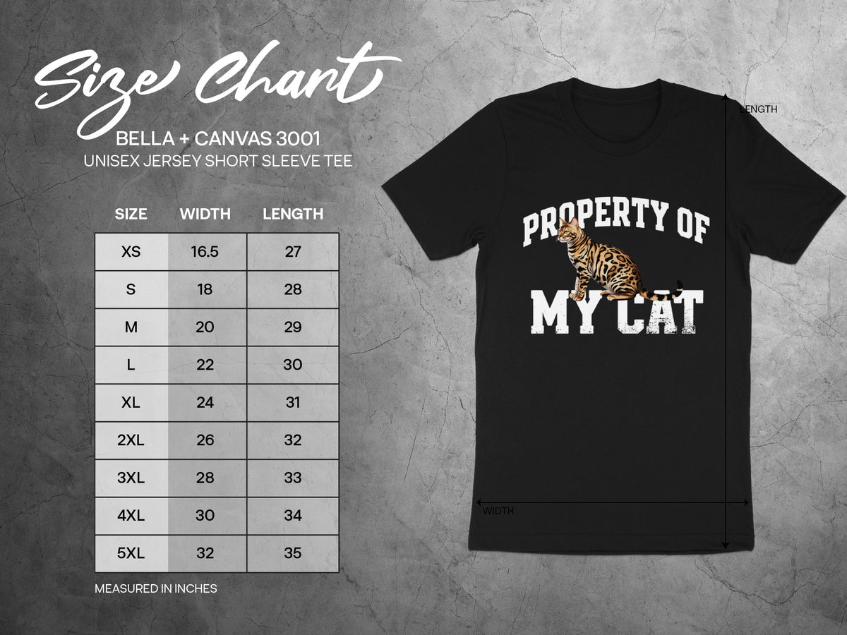 BELLA + CANVAS 3001 unisex t-shirt size chart with cat graphic and text "PROPERTY OF MY CAT".