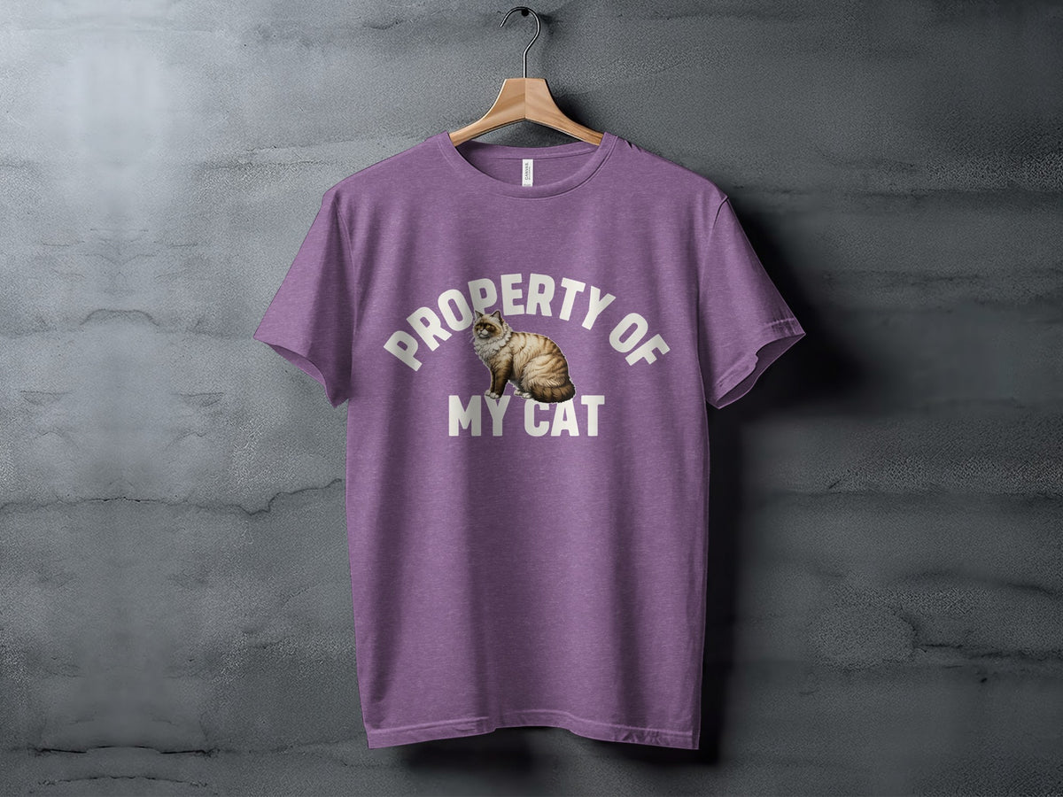 Purple t-shirt with "PROPERTY OF MY CAT" text and a cat graphic.