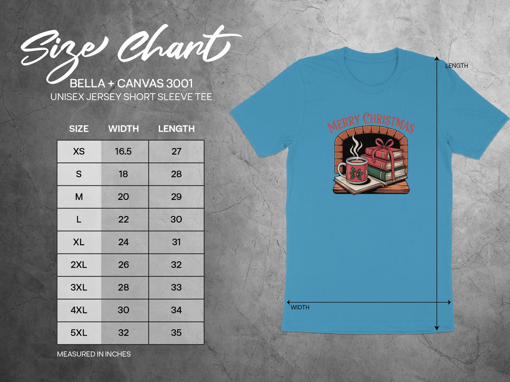 Size chart for Bella + Canvas 3001 unisex short sleeve tee, featuring Christmas graphic.