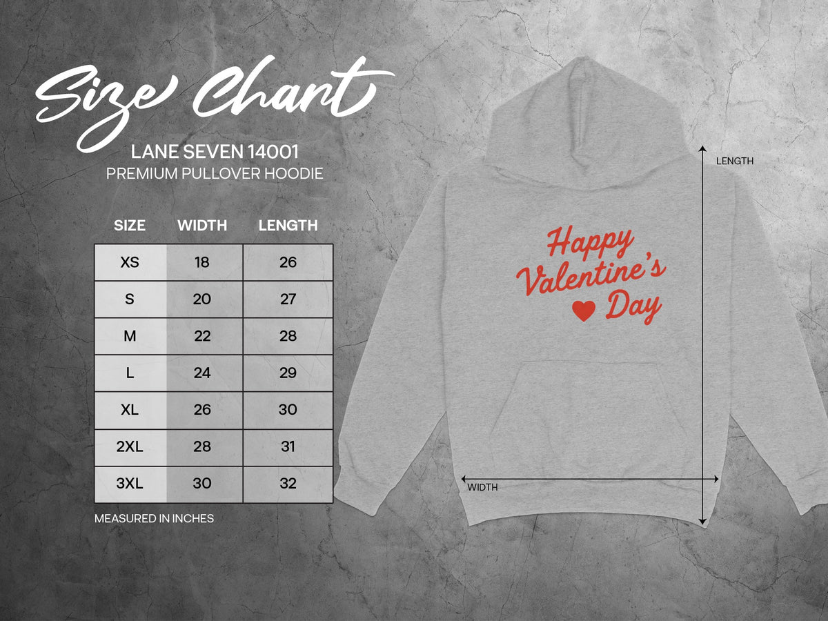 Lane Seven 14001 pullover hoodie size chart with measurements in inches.