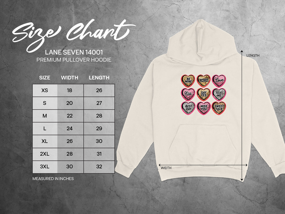 Lane Seven 14001 hoodie size chart with width and length measurements in inches.