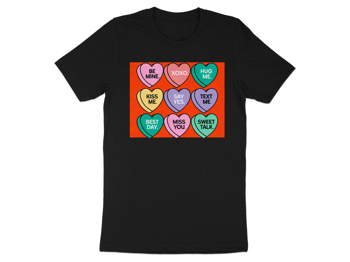 Black t-shirt with nine colorful candy hearts featuring Valentine's Day messages.