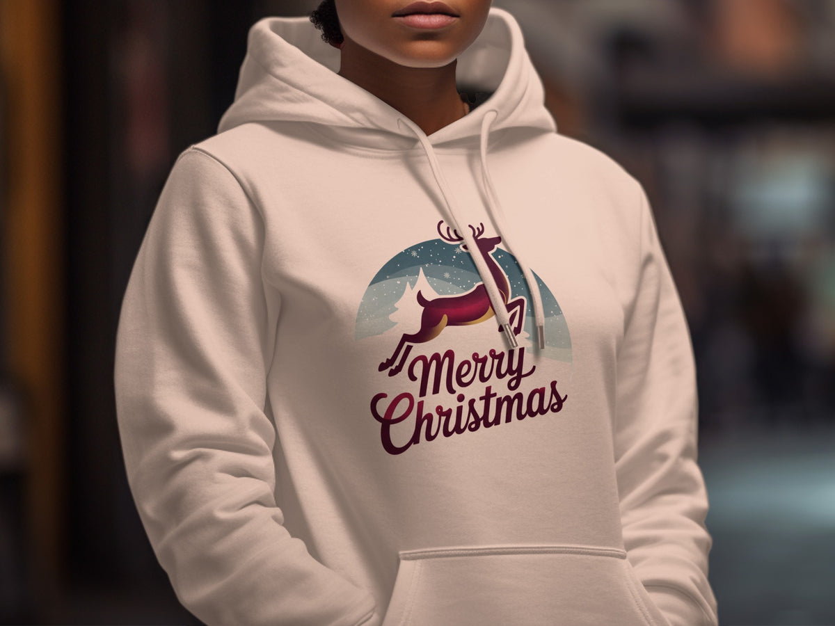 White hoodie with a leaping reindeer and "Merry Christmas" text.