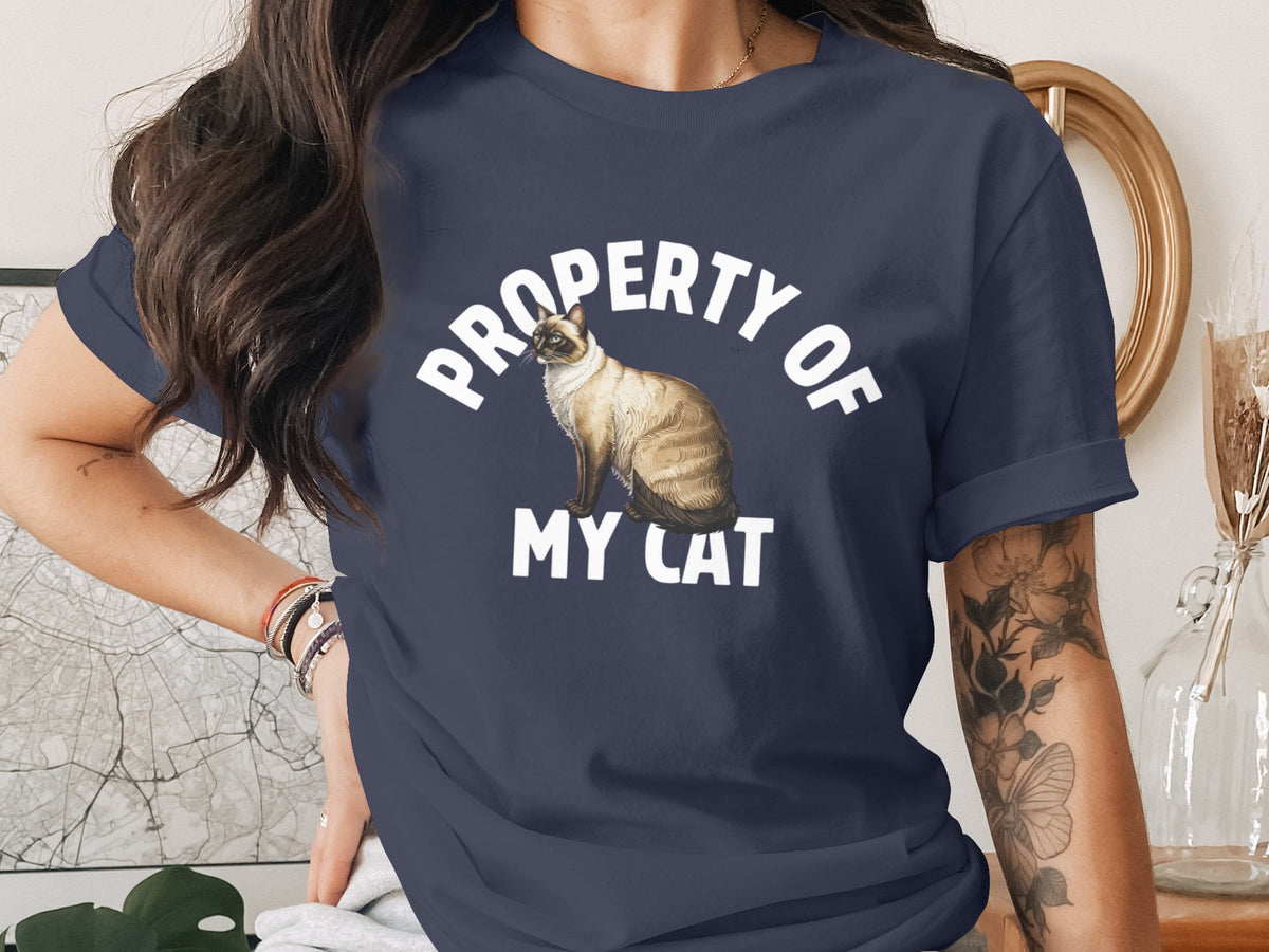 Navy t-shirt with a Siamese cat illustration and text "PROPERTY OF MY CAT."