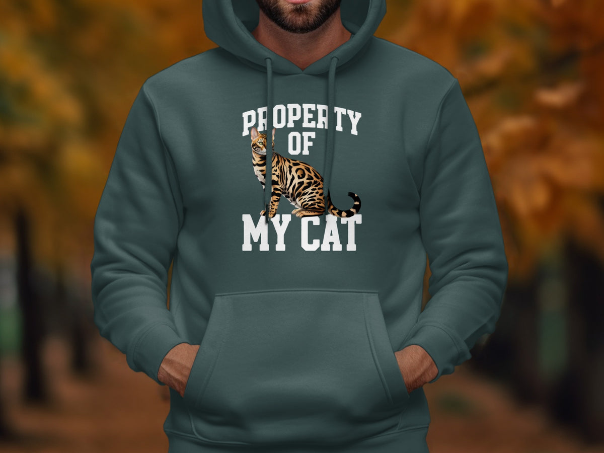 Dark teal hoodie with "Property of My Cat" text and a Bengal cat graphic.