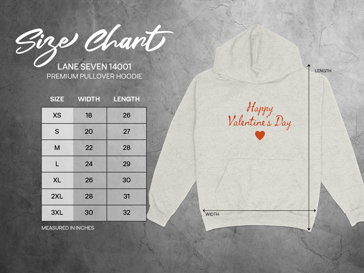 Lane Seven 14001 premium pullover hoodie size chart with width and length measurements in inches.