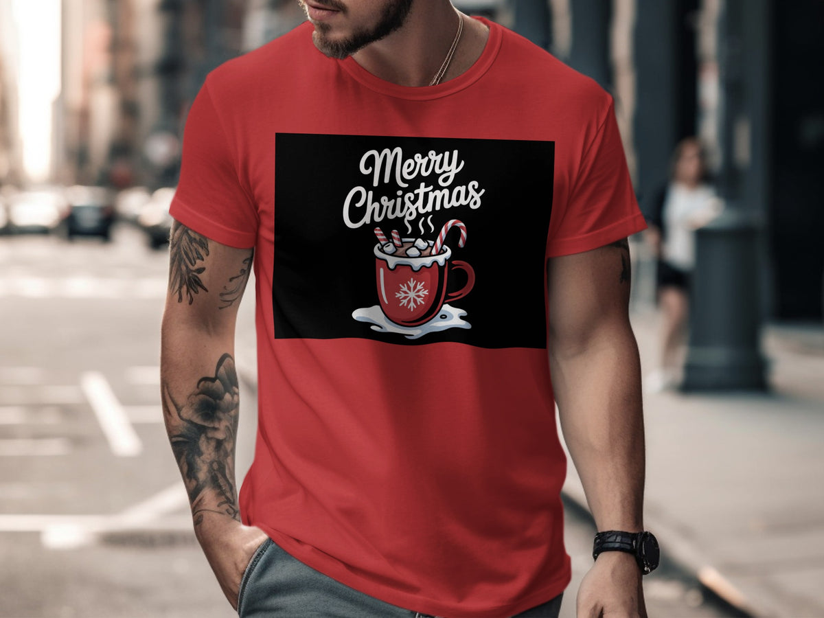 Red t-shirt with "Merry Christmas" text and hot cocoa mug graphic.