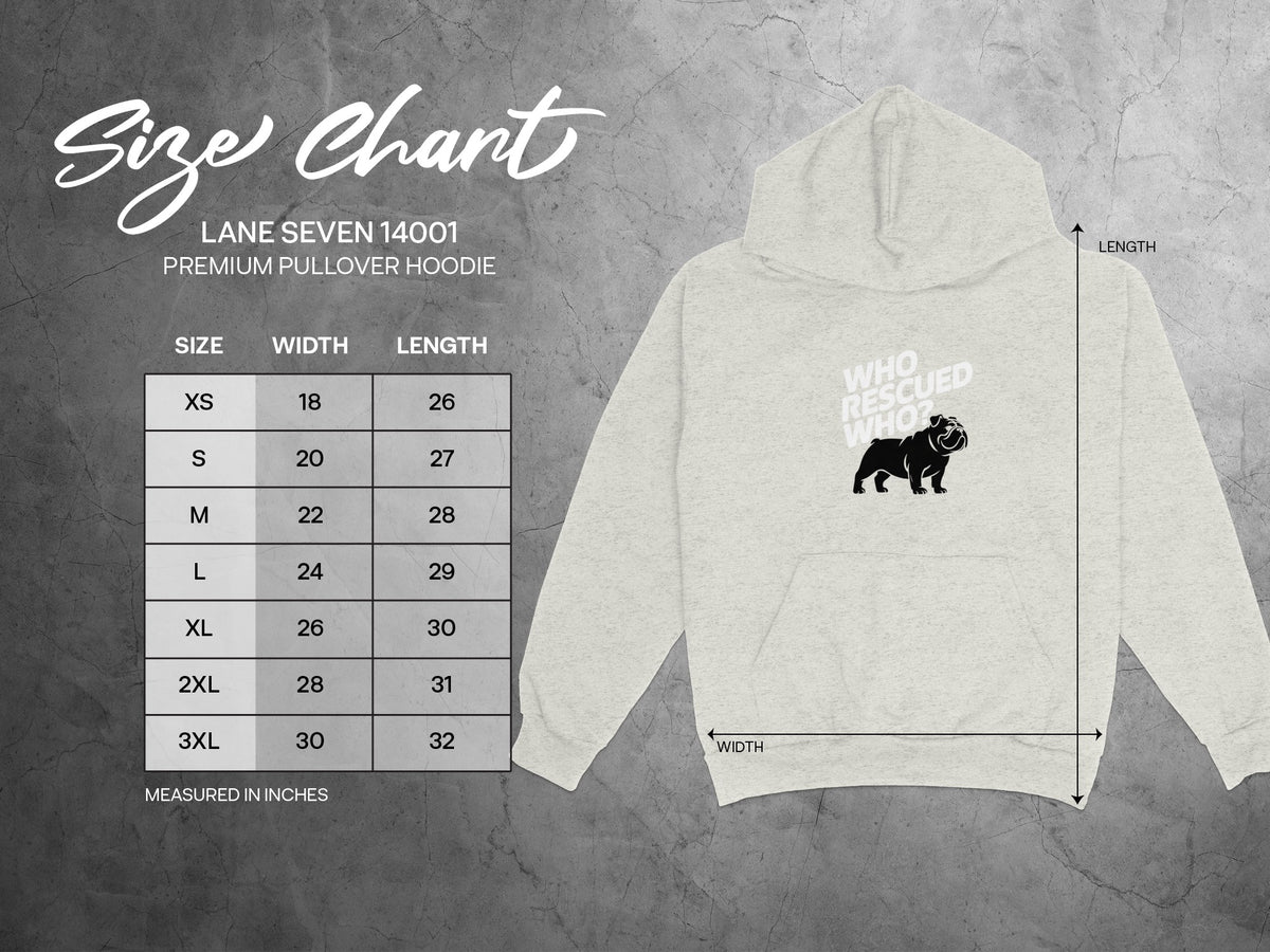 Lane Seven 14001 premium pullover hoodie size chart with width and length measurements.