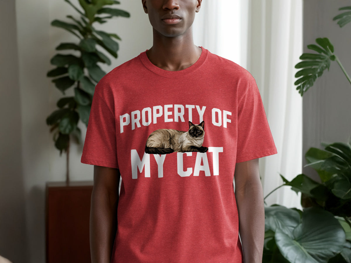 Red t-shirt with "PROPERTY OF MY CAT" and a Siamese cat graphic.