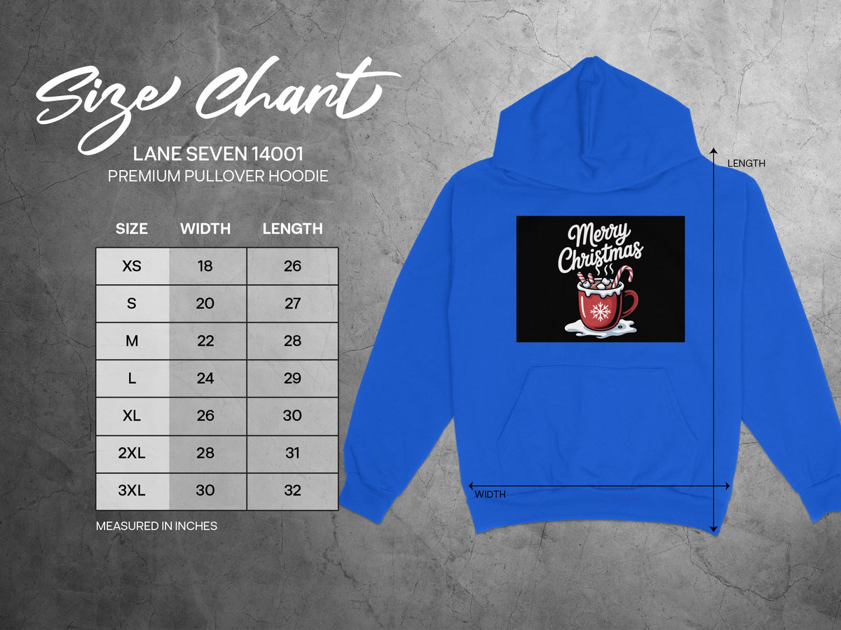 Size chart and measurements for the Lane Seven 14001 premium pullover hoodie in royal blue.