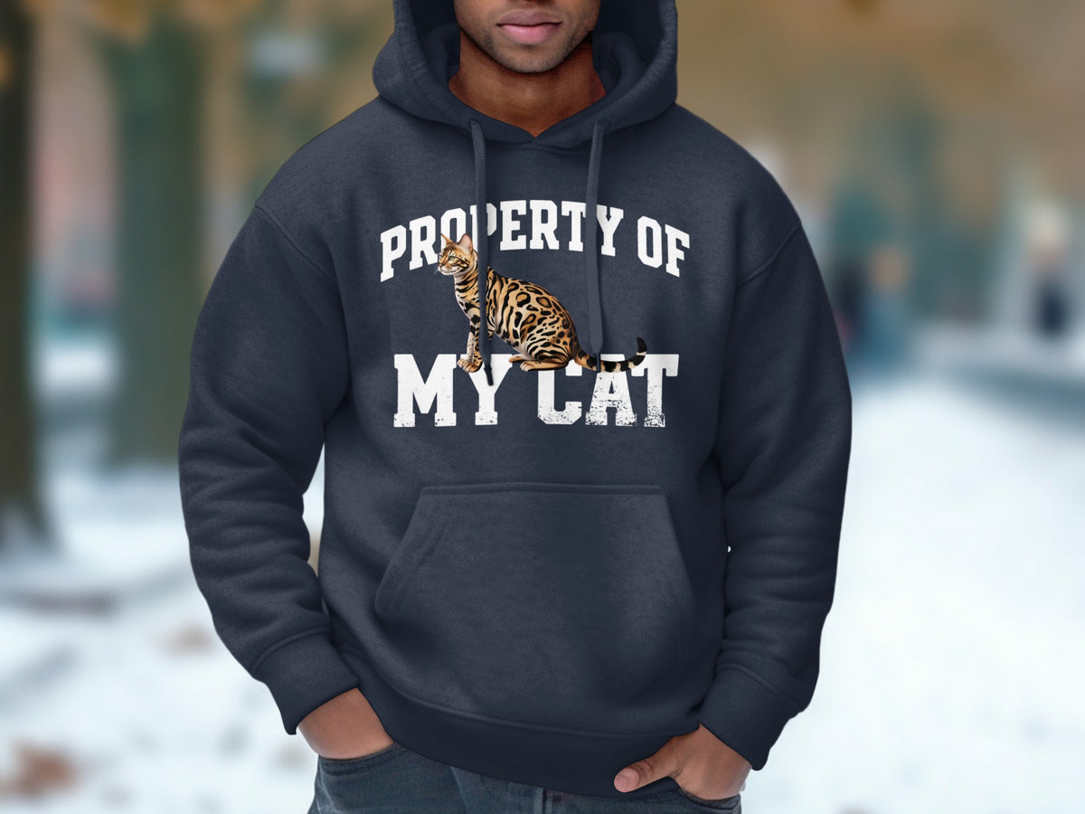 Dark gray hoodie with "PROPERTY OF MY CAT" text and a Bengal cat illustration.