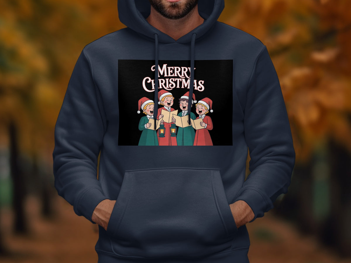 Christmas carolers in Santa hats holding lanterns and singing from sheet music.