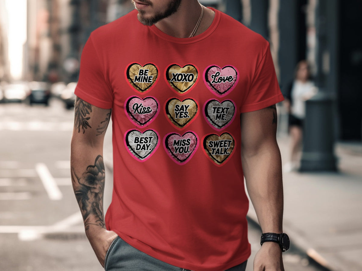 A man wearing a red t-shirt printed with a 3x3 grid of colorful heart graphics containing romantic phrases.