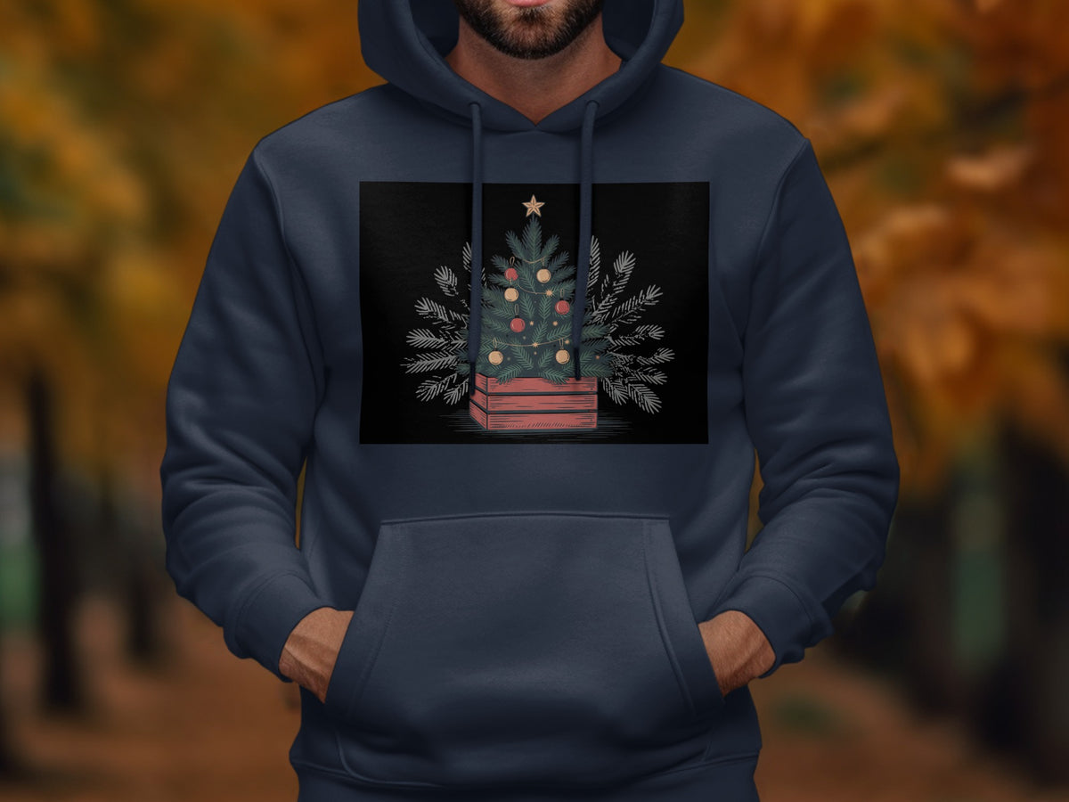 A dark blue hooded sweatshirt featuring a front chest graphic of a potted Christmas tree with ornaments.