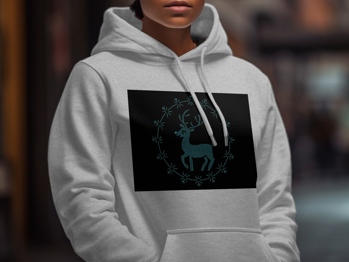 Light gray hoodie with a teal deer and snowflake graphic on black.