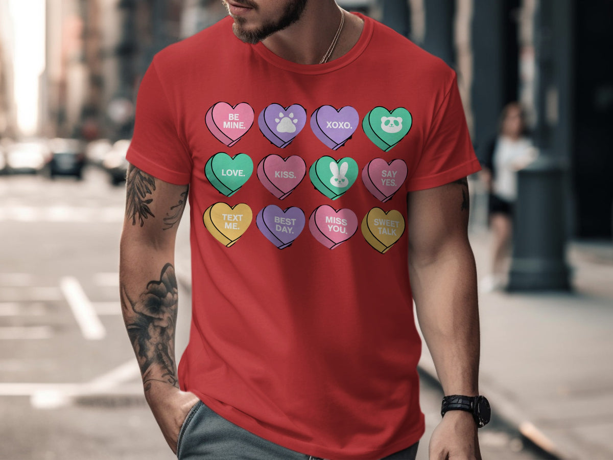 A man wearing a red t-shirt printed with a grid of twelve colorful conversation hearts.