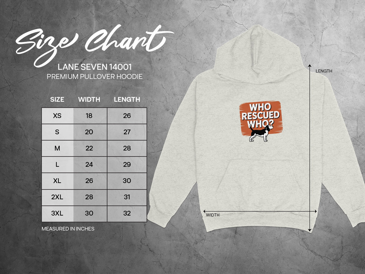 Lane Seven 14001 premium pullover hoodie size chart with dog graphic.