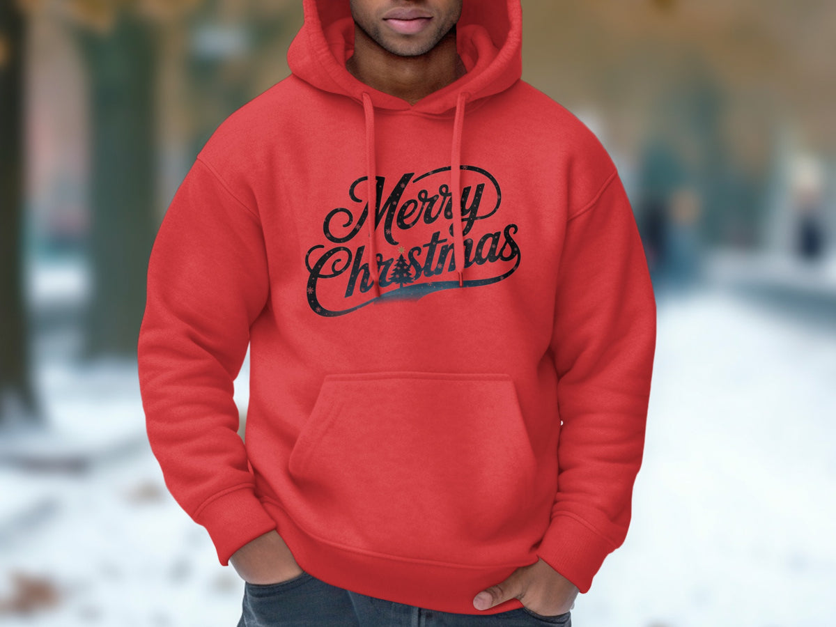 A person wearing a red hooded sweatshirt with black text reading Merry Christmas.