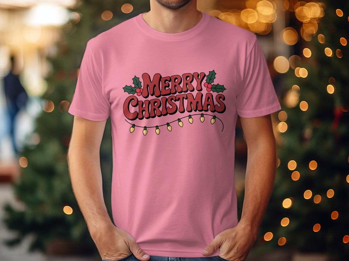 Pink t-shirt with "Merry Christmas" text and festive lights design.
