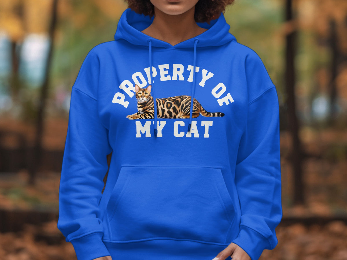 Royal blue hoodie with "PROPERTY OF MY CAT" and a Bengal cat graphic.