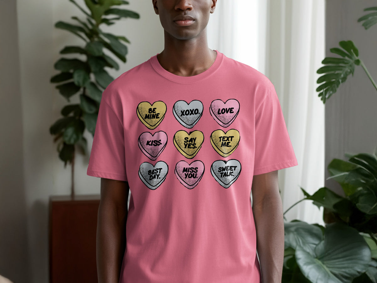 Pink t-shirt with conversation hearts: "BE MINE", "XOXO", "LOVE", "KISS", "SAY YES", "TEXT ME", "BEST DAY", "MISS YOU", "SWEET TALK".