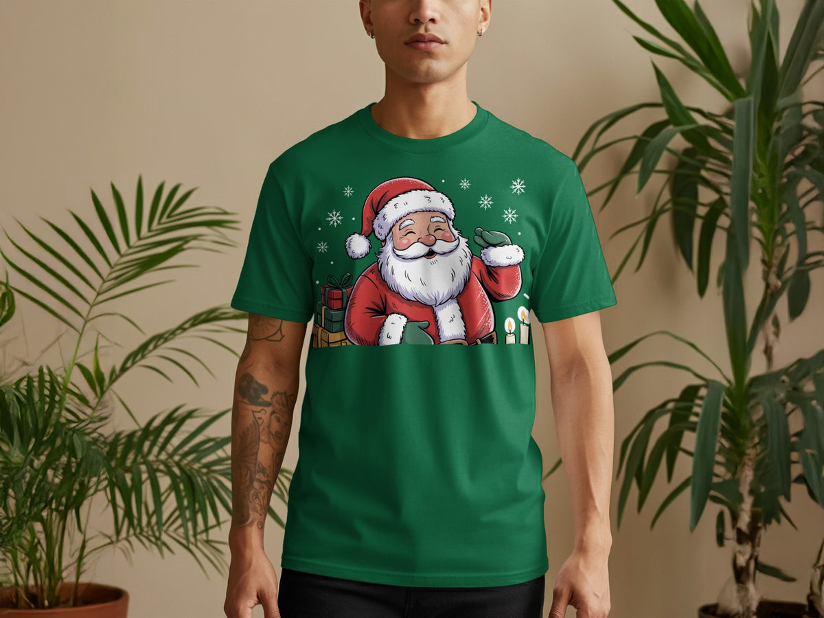 Green t-shirt with cartoon Santa, presents, candles, and snowflakes.