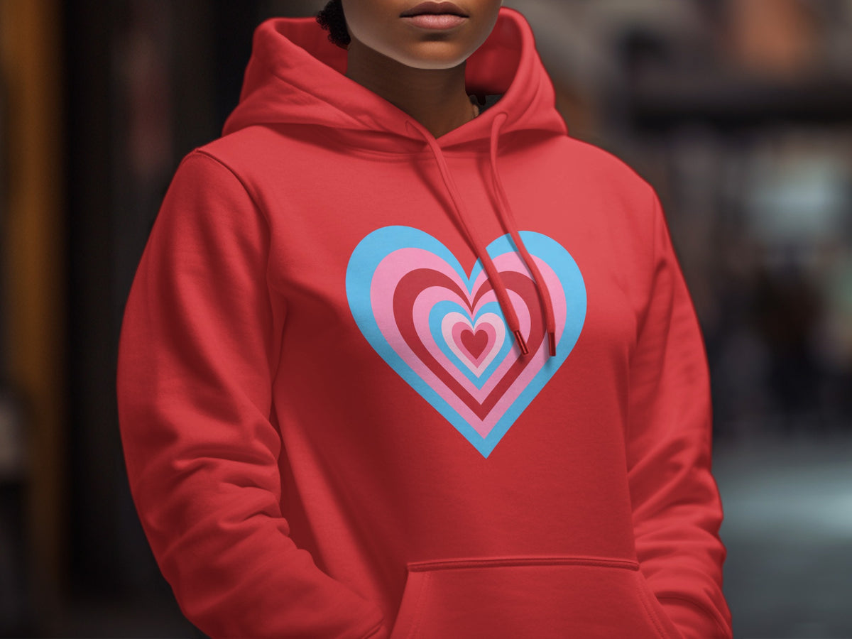 Red hoodie with a concentric heart design in pink and light blue.