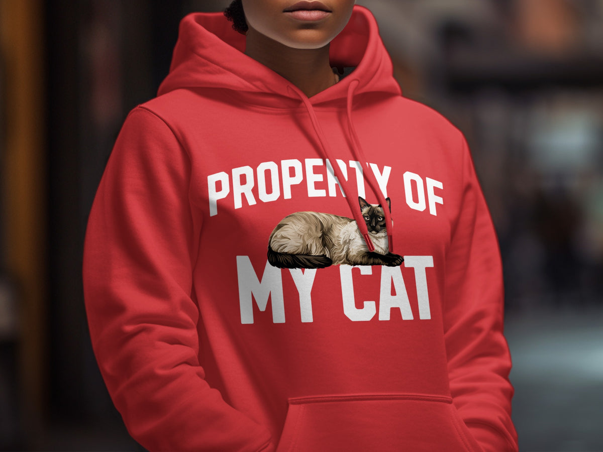 Red hoodie with "PROPERTY OF MY CAT" text and a Siamese cat illustration.