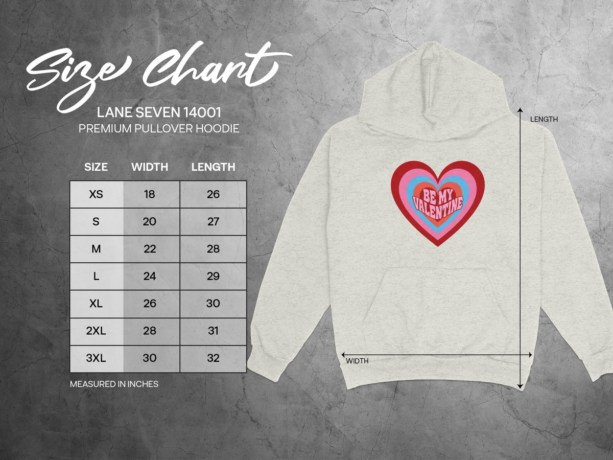 Size chart for Lane Seven 14001 Premium Pullover Hoodie with heart graphic.