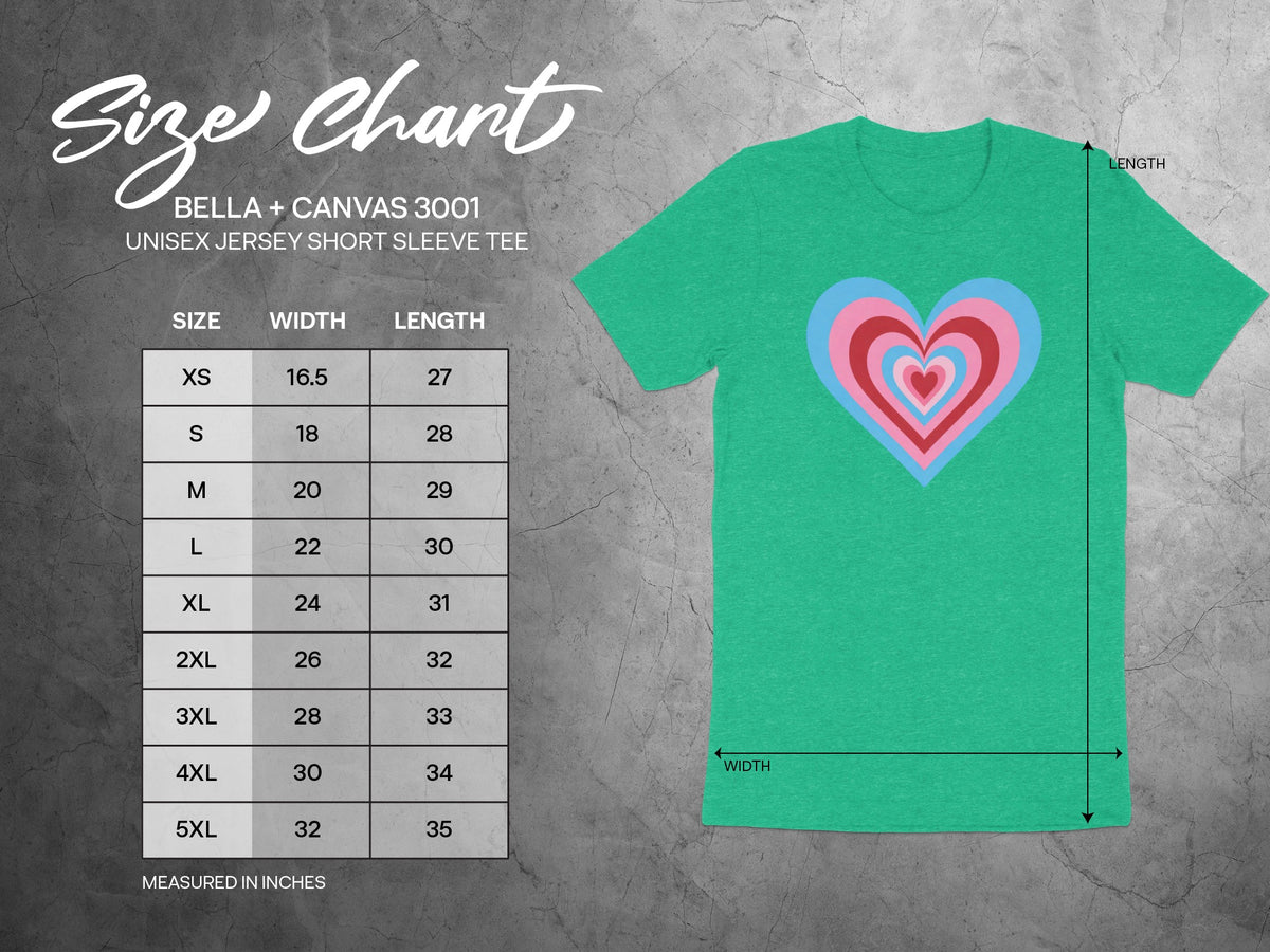 Size chart for Bella + Canvas 3001 unisex tee with width and length measurements in inches.