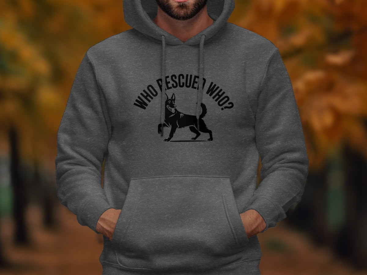 Dark grey hoodie with a black dog and "WHO RESCUE WHO?" text.