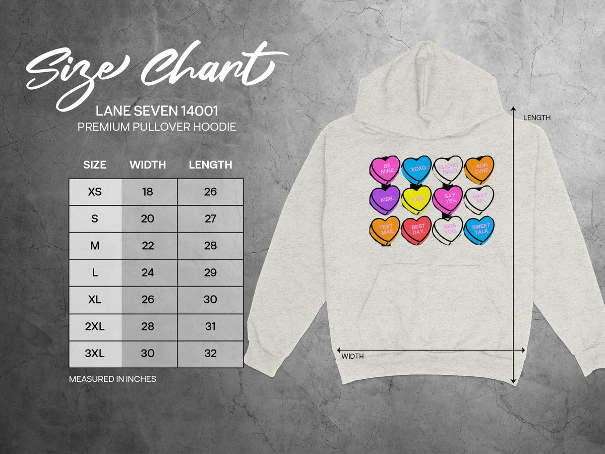 Lane Seven 14001 hoodie size chart with width and length measurements in inches.