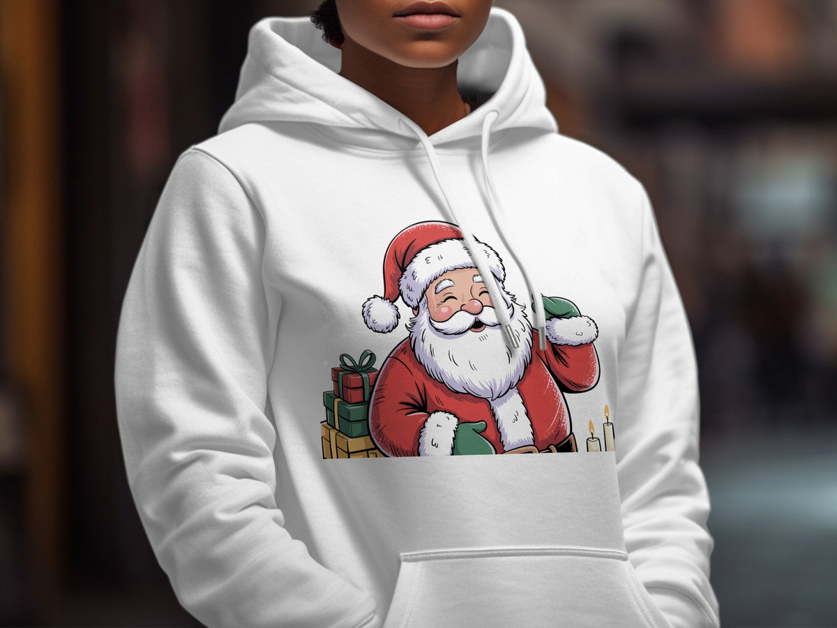 A person wearing a white hooded sweatshirt with a graphic of Santa Claus and presents on the front.