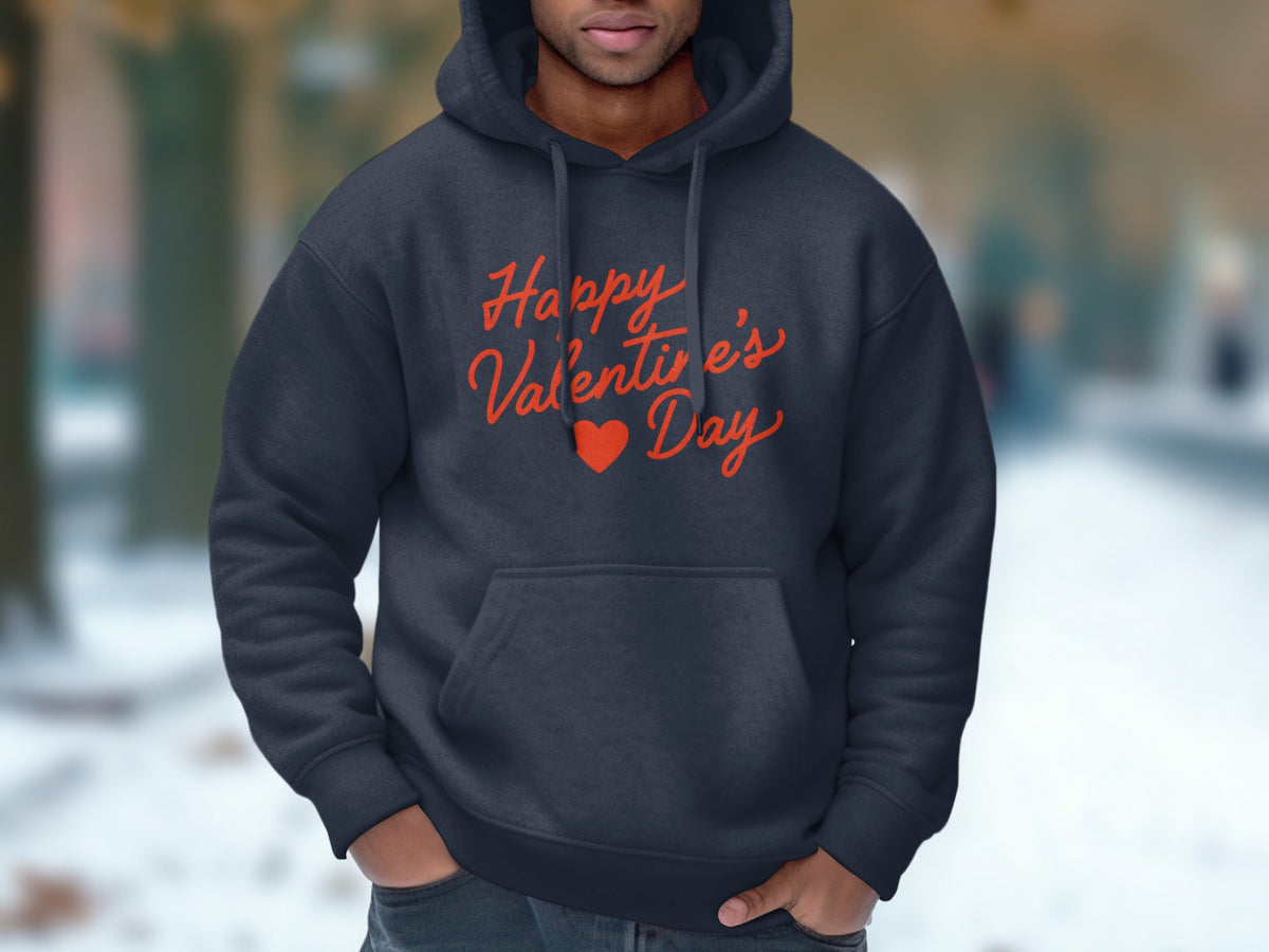 Dark blue hoodie with red "Happy Valentine's Day" text and heart.