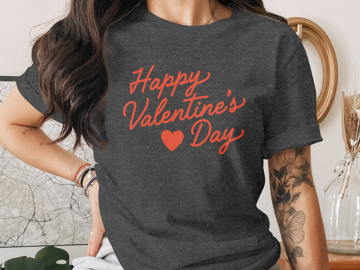 Dark grey t-shirt with red "Happy Valentine's Day" text and heart graphic.