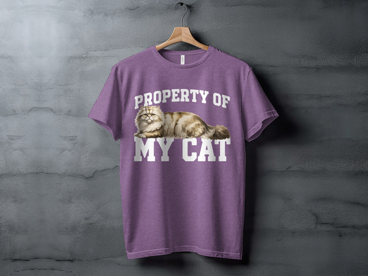 Purple t-shirt with white text "PROPERTY OF MY CAT" and a cat illustration.