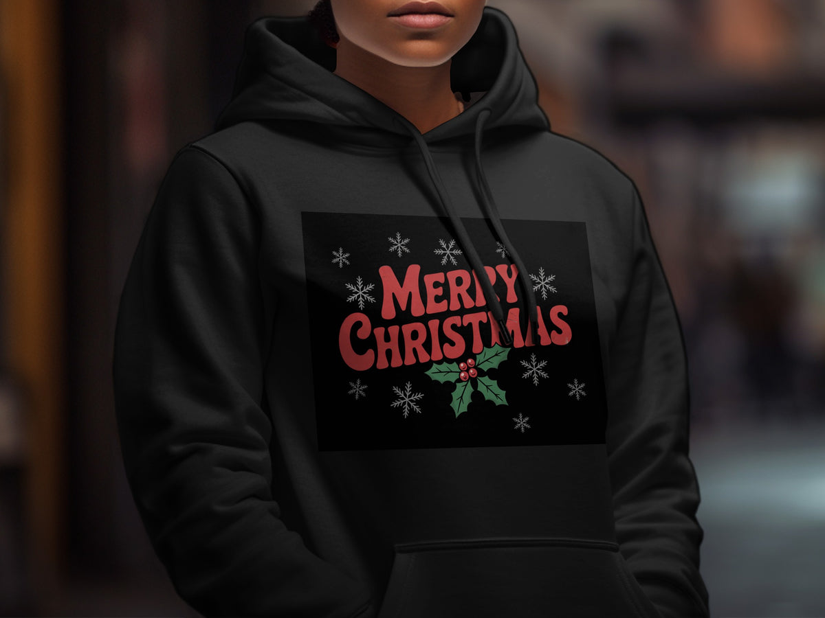 A person wearing a black hooded sweatshirt with a red MERRY CHRISTMAS graphic and holly berries.