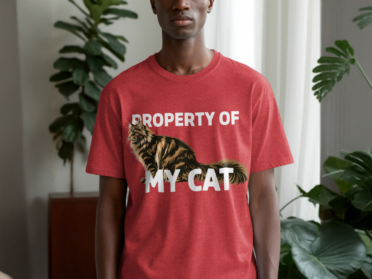 Red t-shirt with "PROPERTY OF MY CAT" text and a cat graphic.