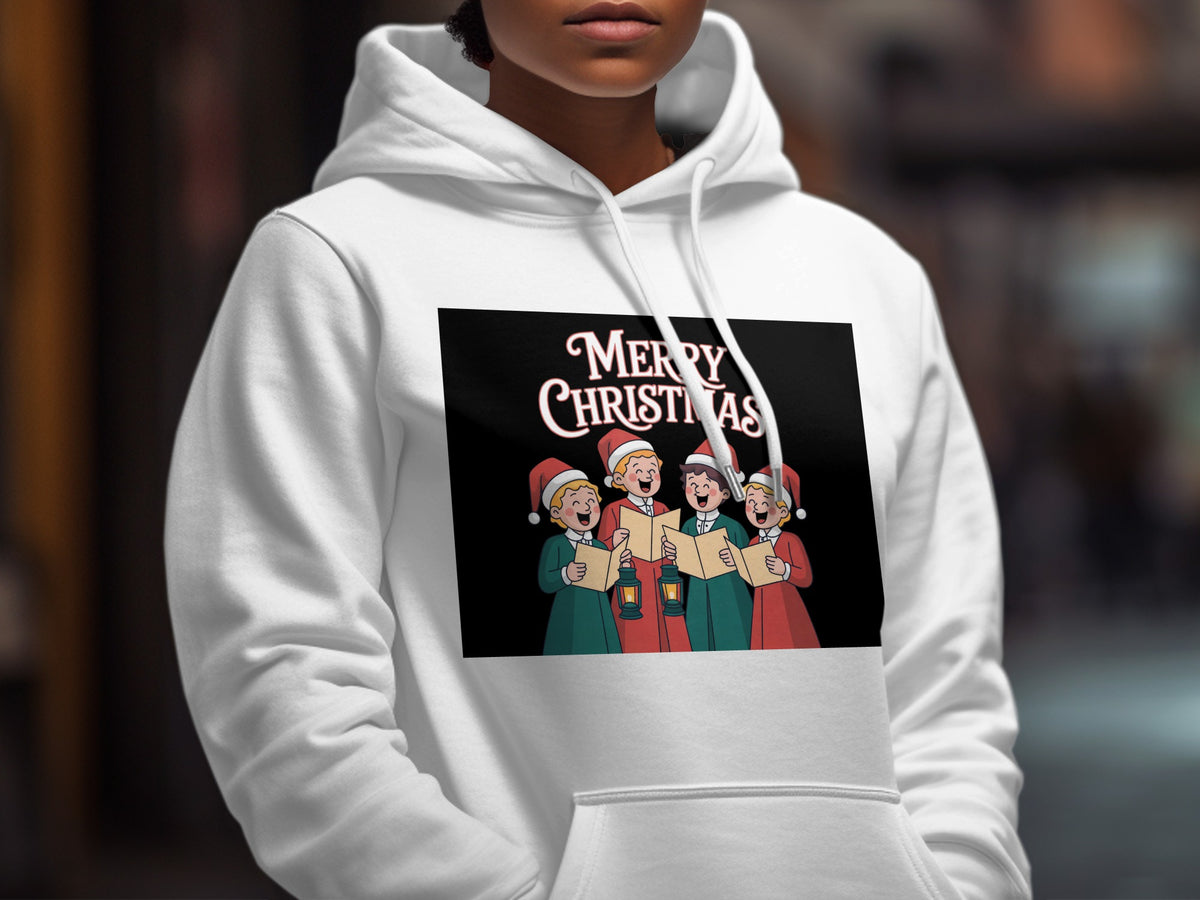 White hoodie with a graphic of carolers singing "Merry Christmas".