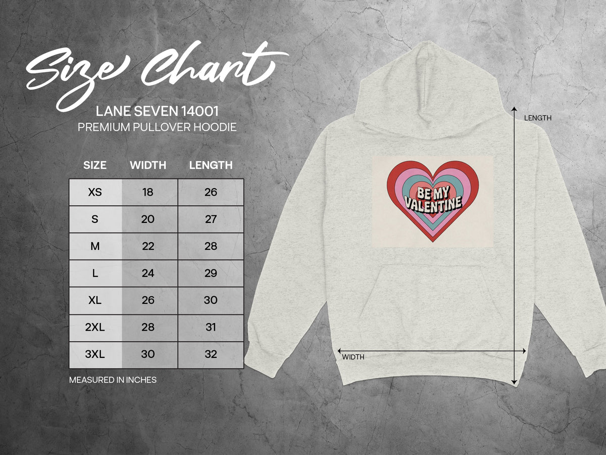 Size chart for Lane Seven 14001 premium pullover hoodie with measurements in inches.