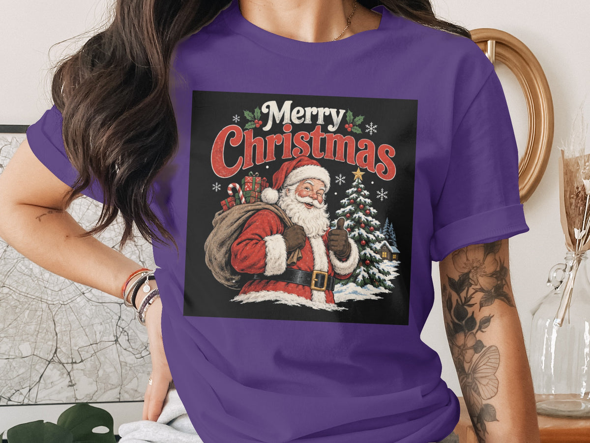 Santa Claus with gifts and a Christmas tree, saying "Merry Christmas."