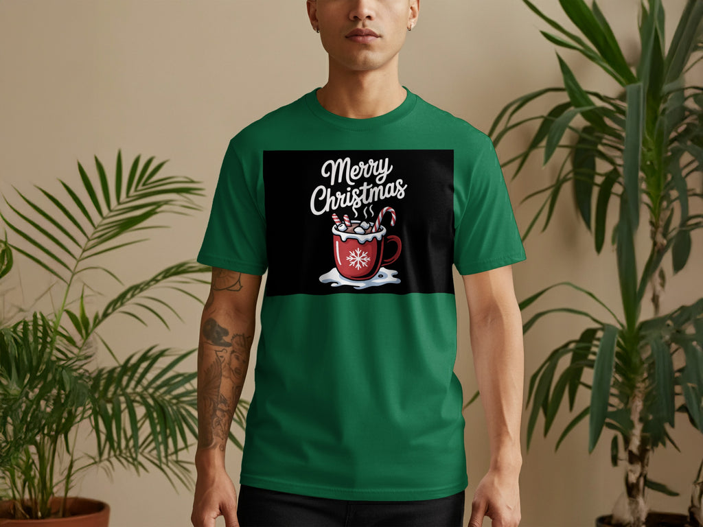 Green t-shirt with black panel featuring a mug of hot chocolate and "Merry Christmas".