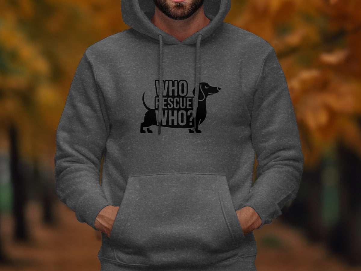 Dark grey hoodie with black dachshund graphic and text: "WHO RESCUE WHO?"