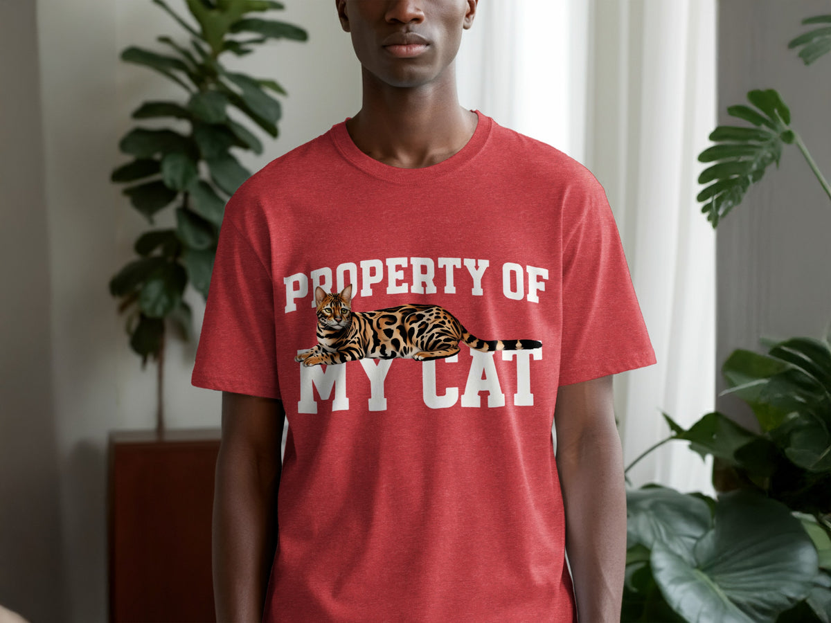 Red t-shirt with "PROPERTY OF MY CAT" text and a Bengal cat graphic.