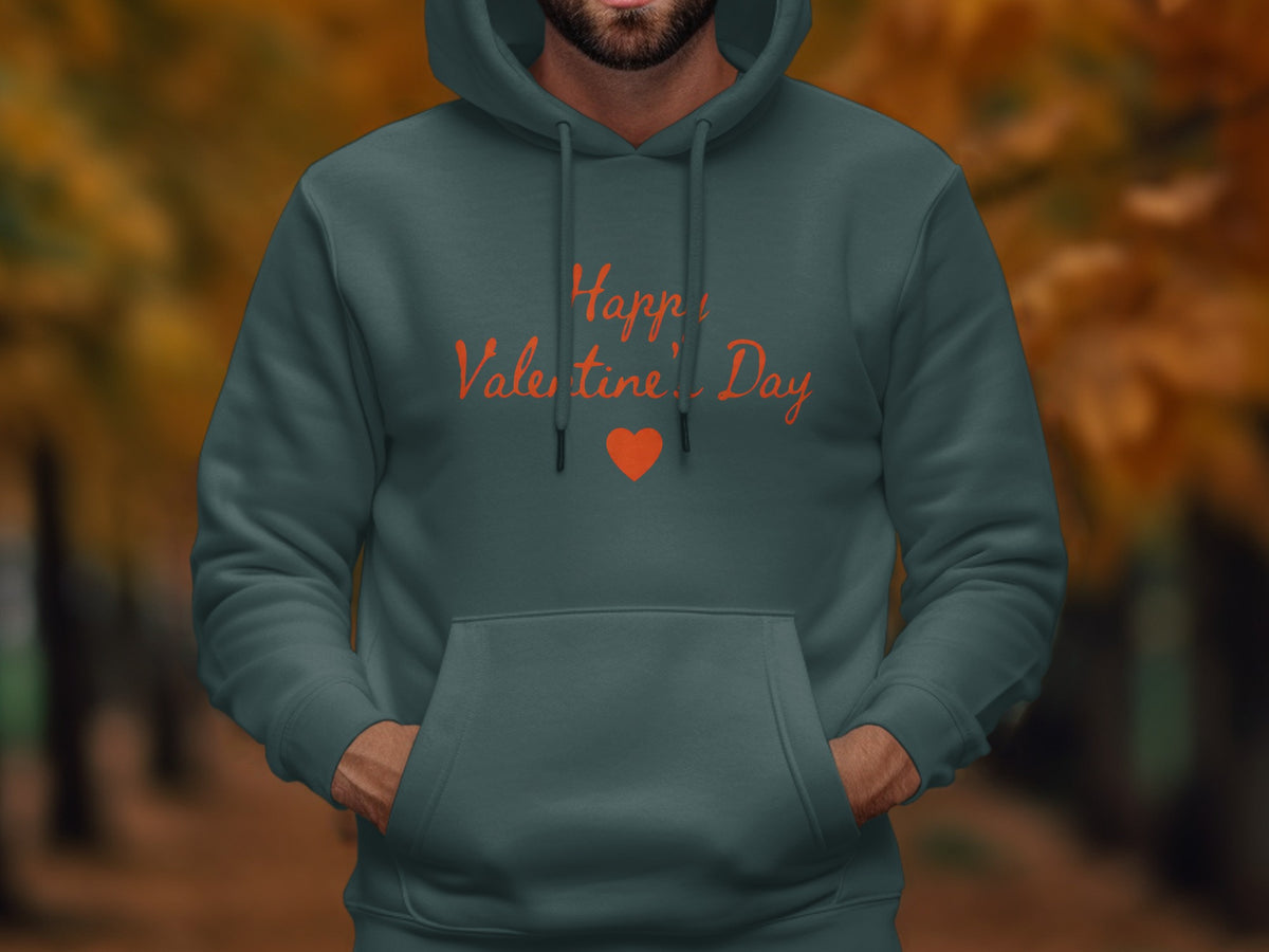 Teal hoodie with "Happy Valentine's Day" text and a heart.