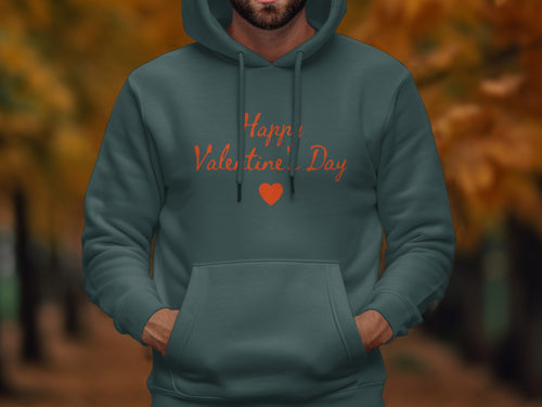 Teal hoodie with "Happy Valentine's Day" text and a heart.