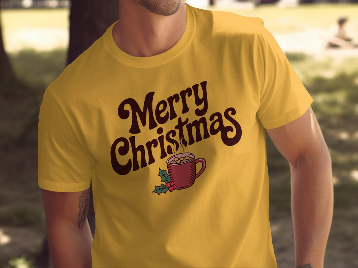 Yellow t-shirt with "Merry Christmas" text and hot cocoa mug graphic.