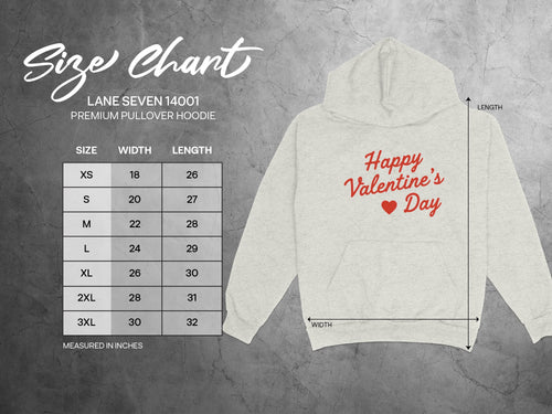 Size chart for Lane Seven 14001 Premium Pullover Hoodie with measurements.
