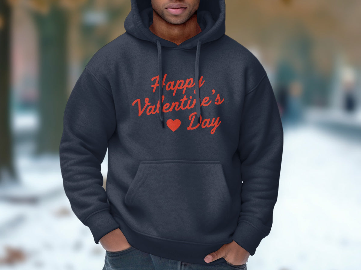 Dark navy hoodie with "Happy Valentine's Day" text and heart graphic.